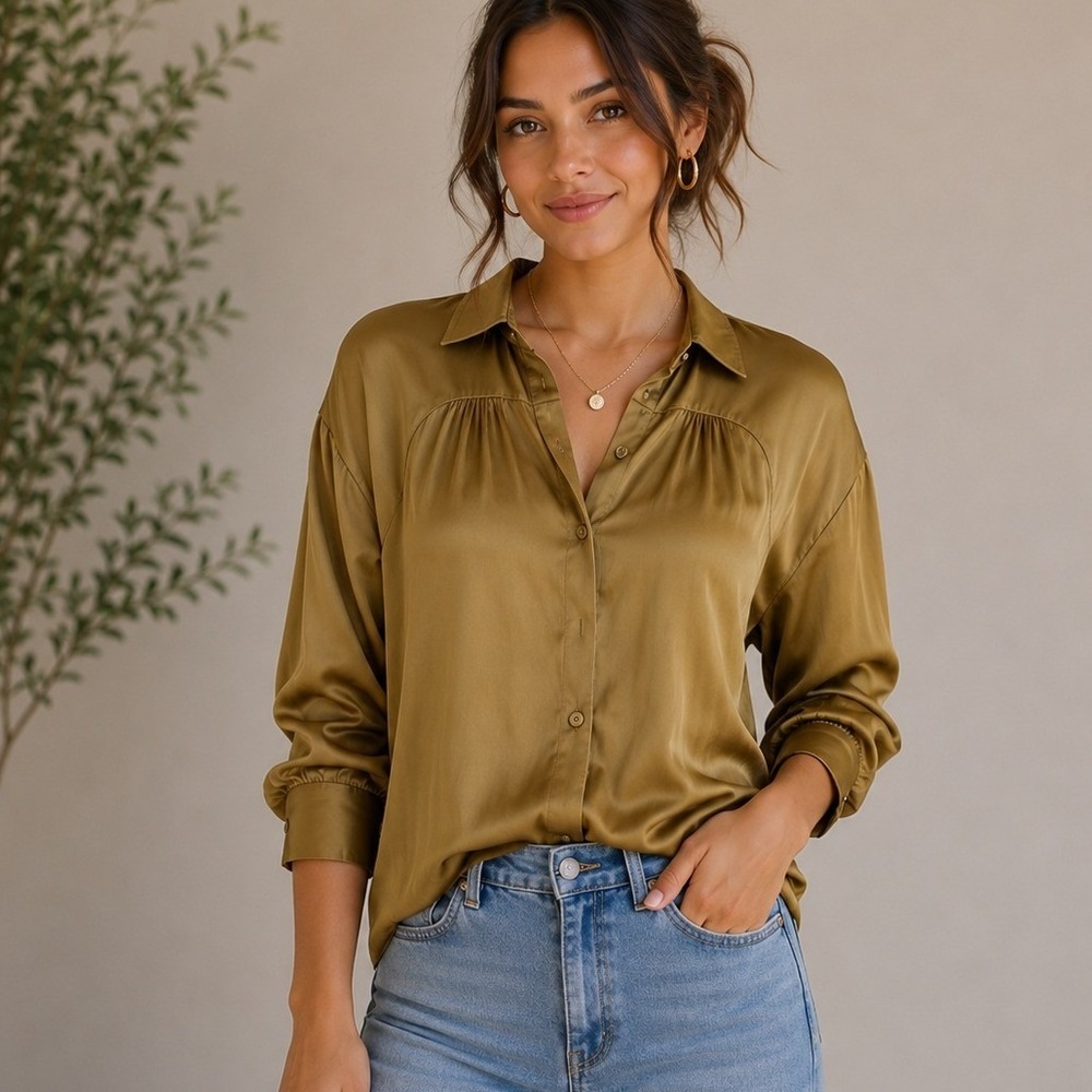 Current Air Anthropologie Satin Button Down Shirt Quiet Luxury Old Money Preppy